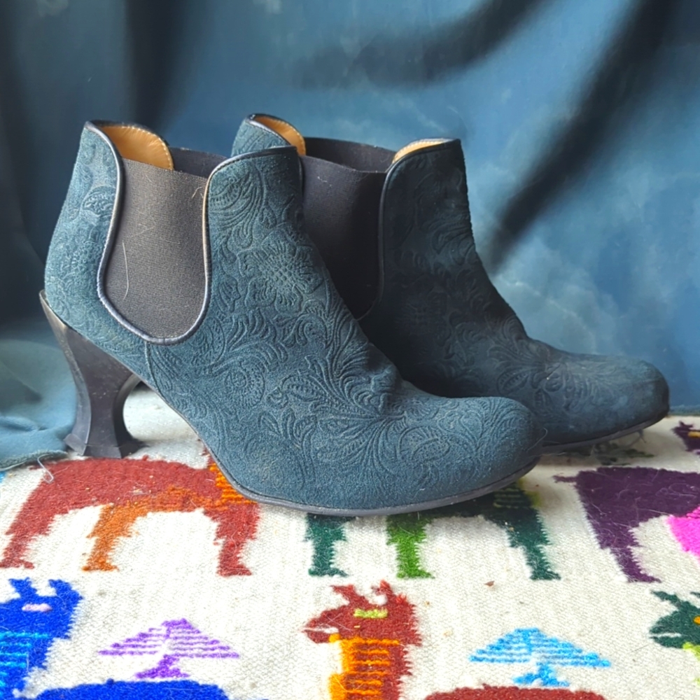 John Fluevog Blue Suede Rosa Ankle Boots